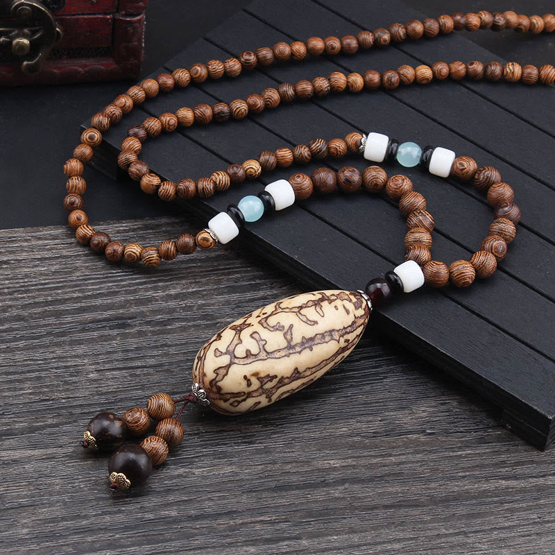 Mythstone Tibetan Wenge Wood Bodhi Seed Agate Elephant Protection Necklace Pendant