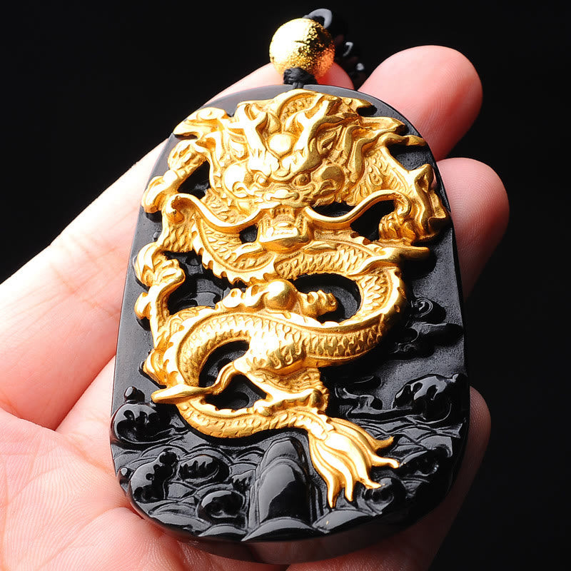 Mythstone 18k Gold-plated Dragon Obsidian Lucky Pendant Necklace