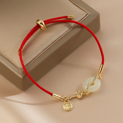 Mythstone 18K Gold Plated Hetian Jade Peace Buckle Fu Character Luck Red Rope Bracelet