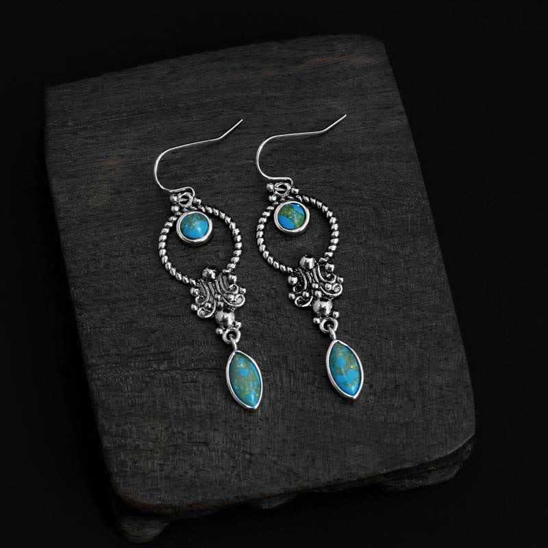 Mythstone 925 Sterling Silver Vintage Turquoise Waterdrop Pattern Balance Drop Dangle Earrings