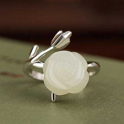 Mythstone 925 Sterling Silver Plated Gold Rose Flower Hetian White Jade Happiness Ring