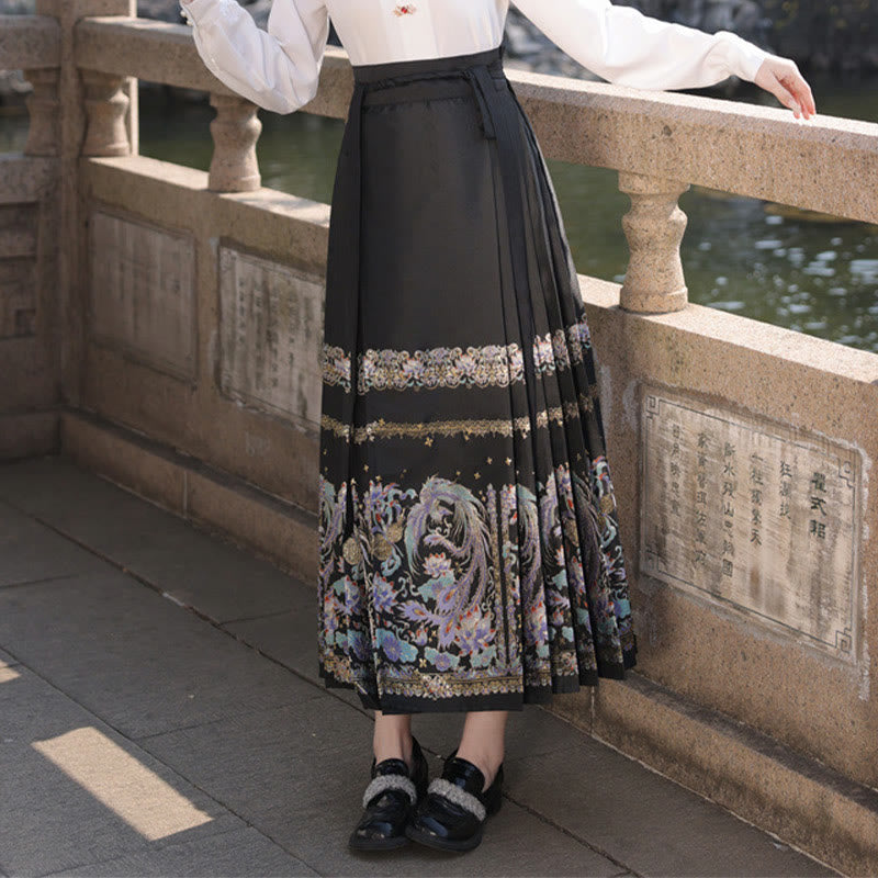 Mythstone Chinese Hanfu Phoenix Feathers Printed Horse Face Skirt Mamianqun