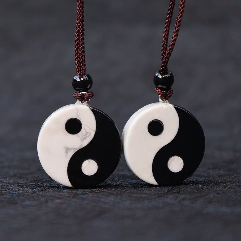 Mythstone Natural Black Obsidian White Turquoise Yin Yang Fulfilment Strength Necklace Pendant