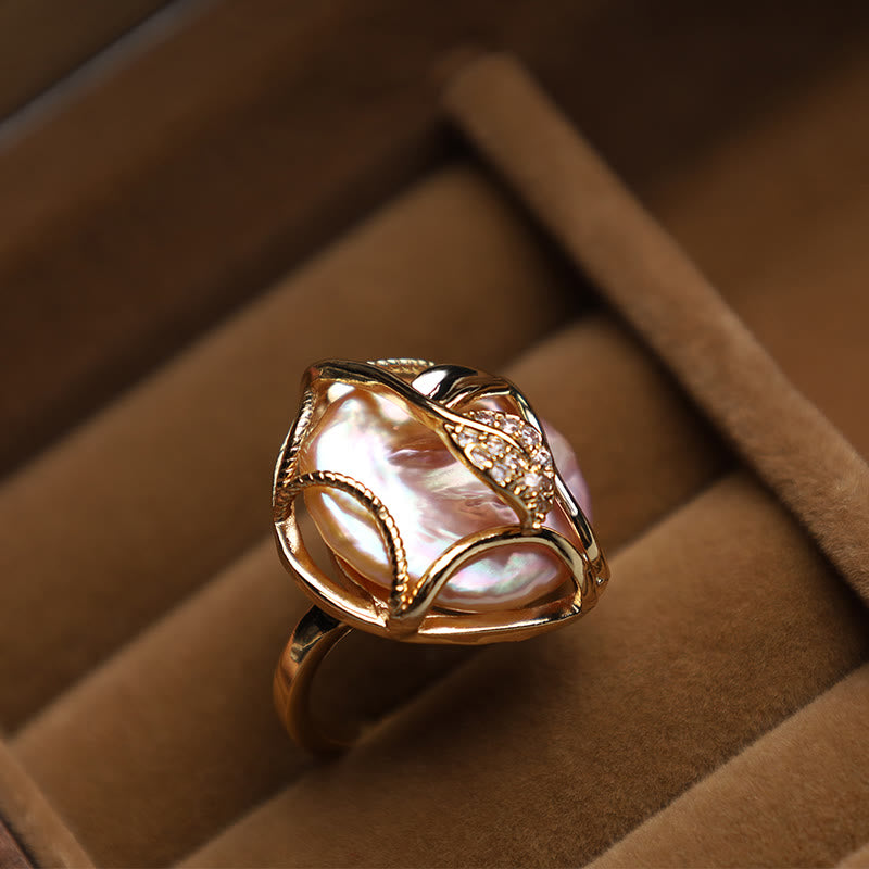 Mythstone Pearl Copper Plated Gold Flower Happiness Wealth Ring