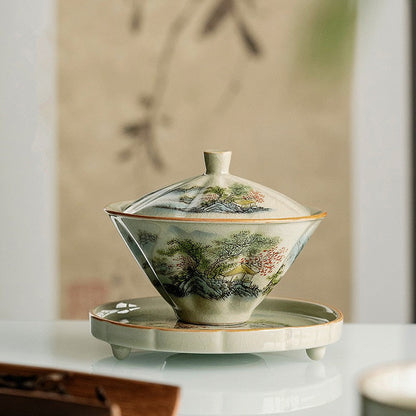 Mythstone Pine Mountain Forest Landscape Ceramic Gaiwan Sancai Teacup Kung Fu Tea Cup And Saucer With Lid