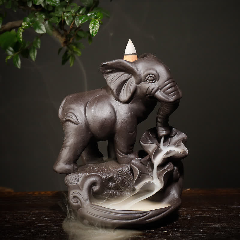 Mythstone Tibetan Elephant Purple Clay Backflow Smoke Fountain Peace Healing Incense Burner Decoration