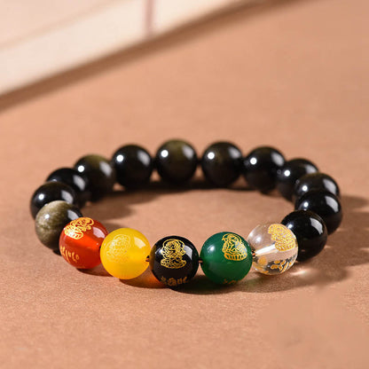 Mythstone Gold Sheen Obsidian Rainbow Obsidian Black Obsidian Five Directions Gods of Wealth Bracelet