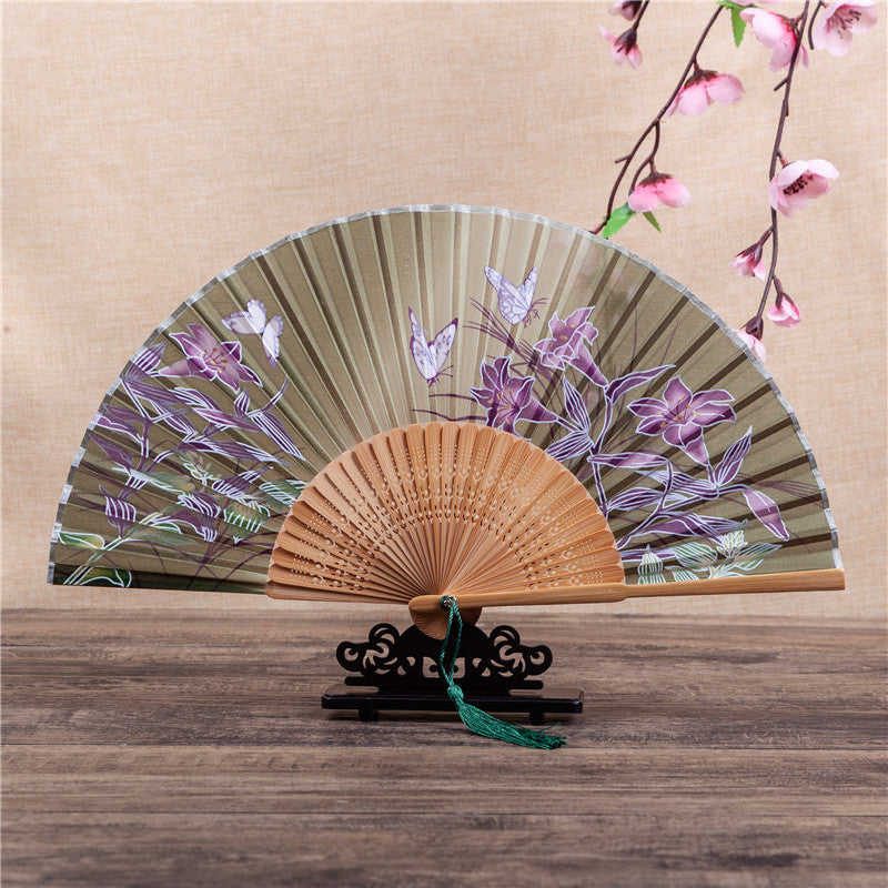 Mythstone Cherry Blossom Lily Butterfly Bamboo Handheld Bamboo Folding Fan 21cm