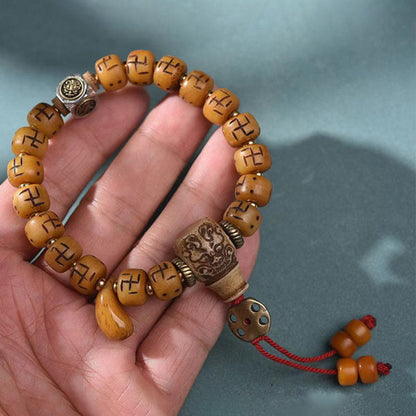 Mythstone Natural Tibetan Camel Bone Swastika Dzi Bead Shankha Buddha Charm Kirtimukha Luck Protection Tassel Bracelet