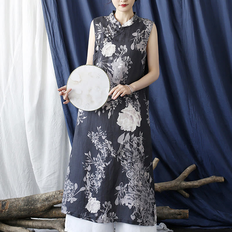 Mythstone Ancient Ramie Linen Flowers Printing Cheongsam Dresses Sleeveless Dress