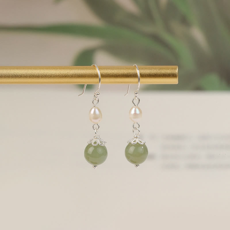 Mythstone 925 Sterling Silver Natural Pearl Jade Wisdom Earrings