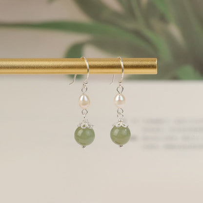 Mythstone 925 Sterling Silver Natural Pearl Jade Wisdom Earrings