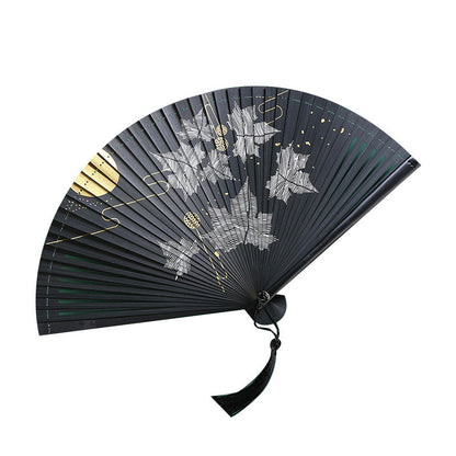 Mythstone Vintage Cloud Crane Maple Leaf Pattern Handheld Bamboo Folding Fan