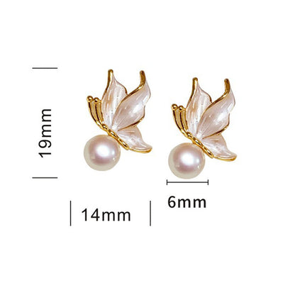 Mythstone 925 Sterling Silver Posts Copper Plated Gold Natural Pearl Bead Butterfly Wisdom Stud Earrings