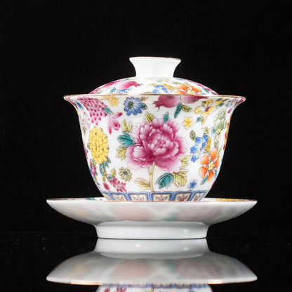 Mythstone Peony Flowers Ceramic Gaiwan Sancai Teacup Kung Fu Tea Cup And Saucer With Lid