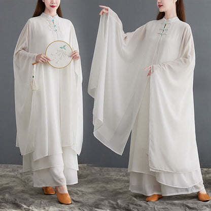 Mythstone 2Pcs Frog-Button Long Sleeve Midi Dress Wide Leg Pants Chiffon Zen Women's Set