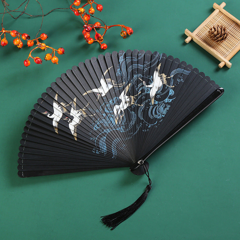 Mythstone Vintage Cloud Crane Maple Leaf Pattern Handheld Bamboo Folding Fan