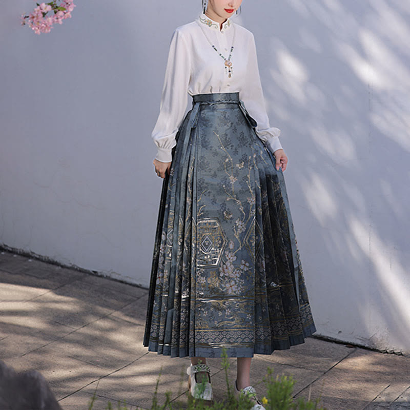 Mythstone Chinese Hanfu Blue Patio Plum Blossoms Printed Horse Face Skirt Mamianqun