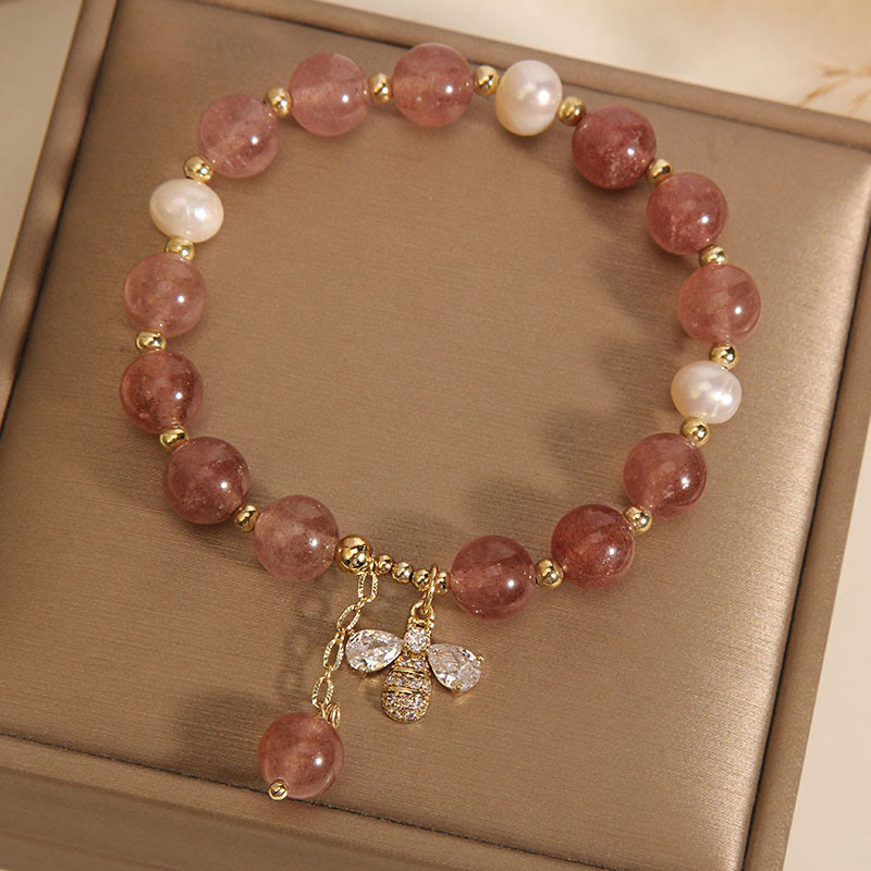 Mythstone Strawberry Quartz Pearl Cute Zircon Honeybee Positive Charm Bracelet