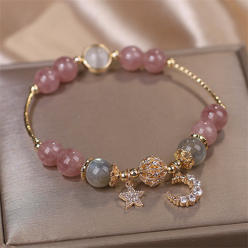 MythStone Strawberry Quartz Moonstone Moon Star Love Bracelet