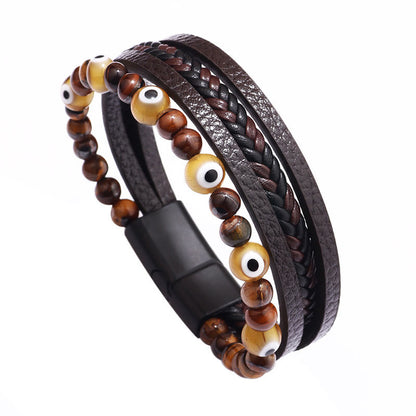 Mythstone Evil Eye Tiger Eye Protection Beaded Multilayered Braided Bracelet