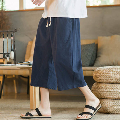 Mythstone Solid Color Mid-Length Wide Leg Pants Cotton Men's Wide Leg Pants With Pockets