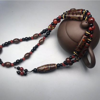 Mythstone Nine-Eye Dzi Bead Red Agate Wealth Health Necklace