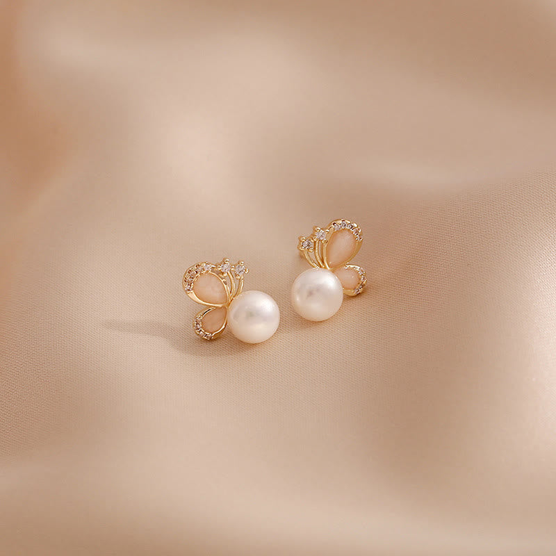 Mythstone 18K Gold Pearl Butterfly Love Freedom Stud Earrings