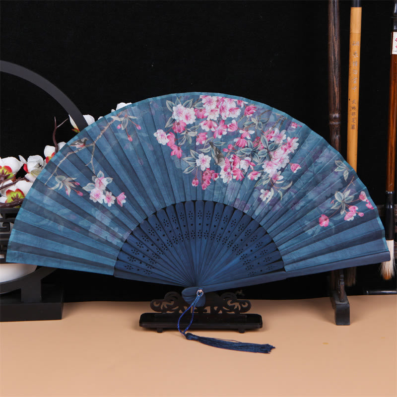 Mythstone Classic Birds Singing Flowers Handheld Bamboo Folding Fan