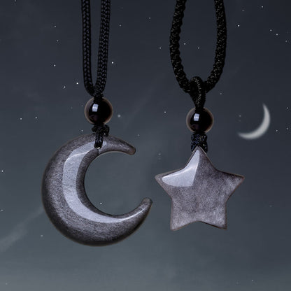 Collar con colgante de protección de luna creciente y estrella de obsidiana con brillo plateado natural Mythstone