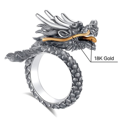 Mythstone 925 Sterling Silver Vintage Dragon Design Protection Strength Adjustable Ring