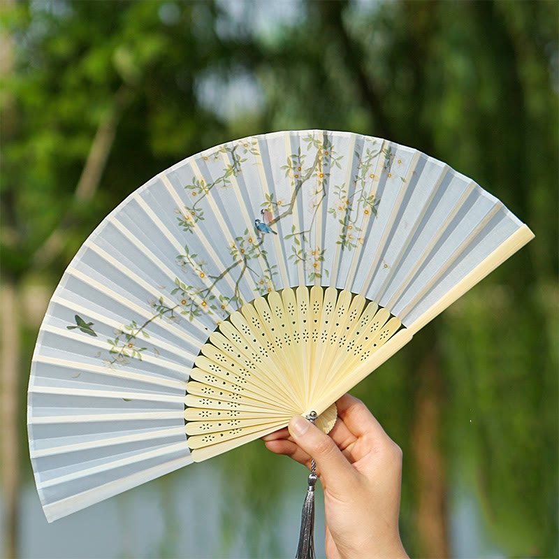 Mythstone Classic Birds Singing Flowers Handheld Bamboo Folding Fan