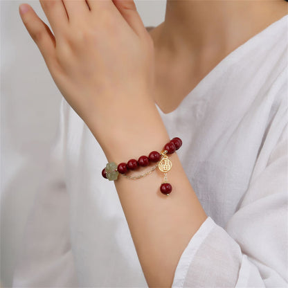 Mythstone Cinnabar Fu Character Hetian Jade Lucky Four Leaf Clover Blessing Bracelet