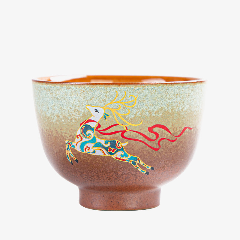 Mythstone Colorful Deer Pipa Snow Plum Blossoms Mountains Rivers Bird Ceramic Teacup Kung Fu Tea Cup Bowl