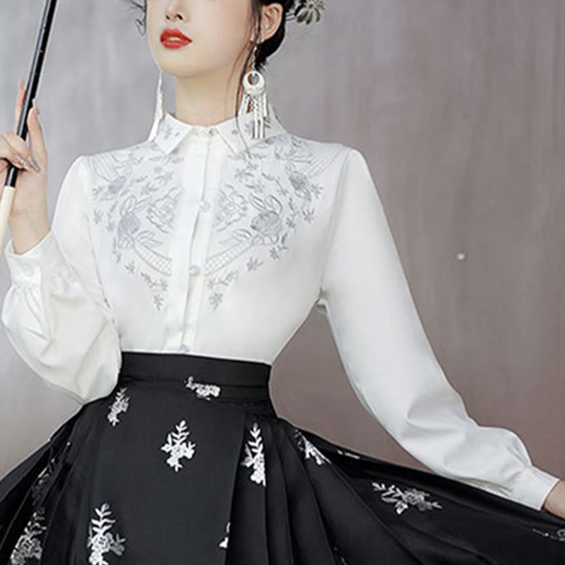 Mythstone Flowers Leaves Feathers Long Sleeve Shirt Top Chinese Hanfu Ming Dynasty Horse Face Skirt Mamianqun Skirt