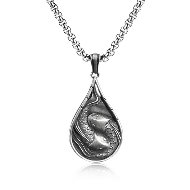 Mythstone Double Lucky Koi Fish Prosperity Pure Tin Water Drop Pattern Necklace Pendant