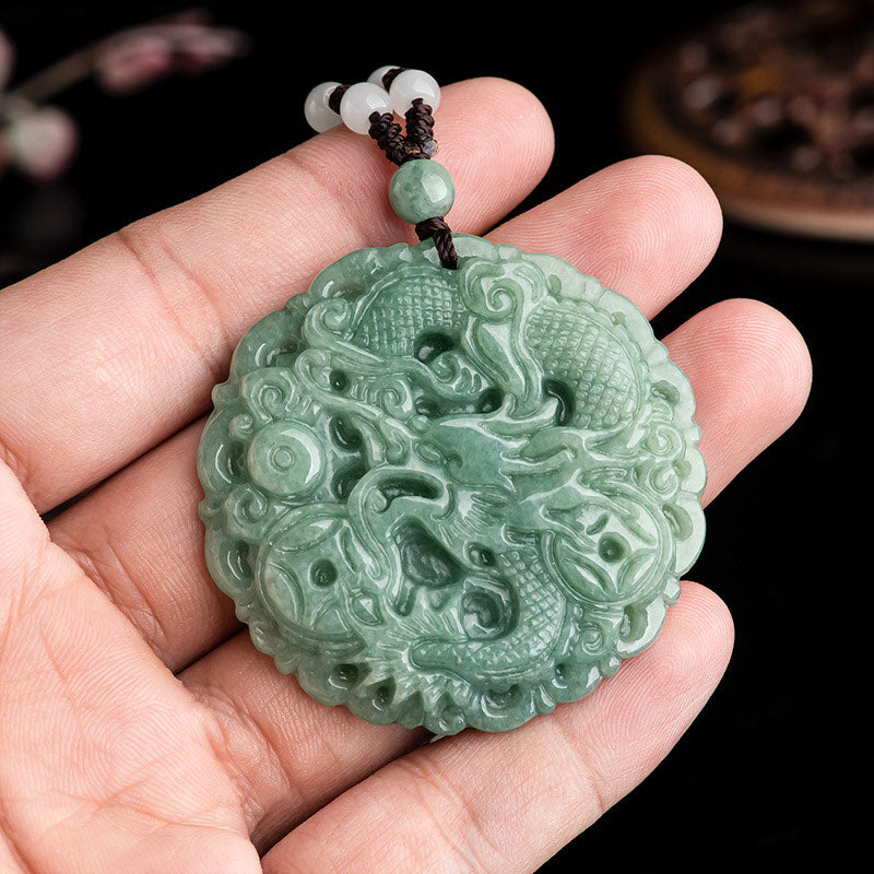 Mythstone Chinese Zodiac Dragon Jade Fortune Necklace String Pendant