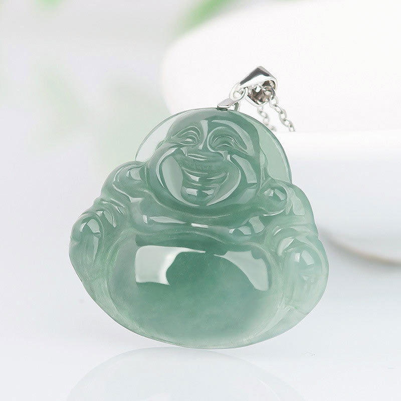 Mythstone 925 Sterling Silver Laughing Buddha Jade Protection Calm Necklace Chain Pendant