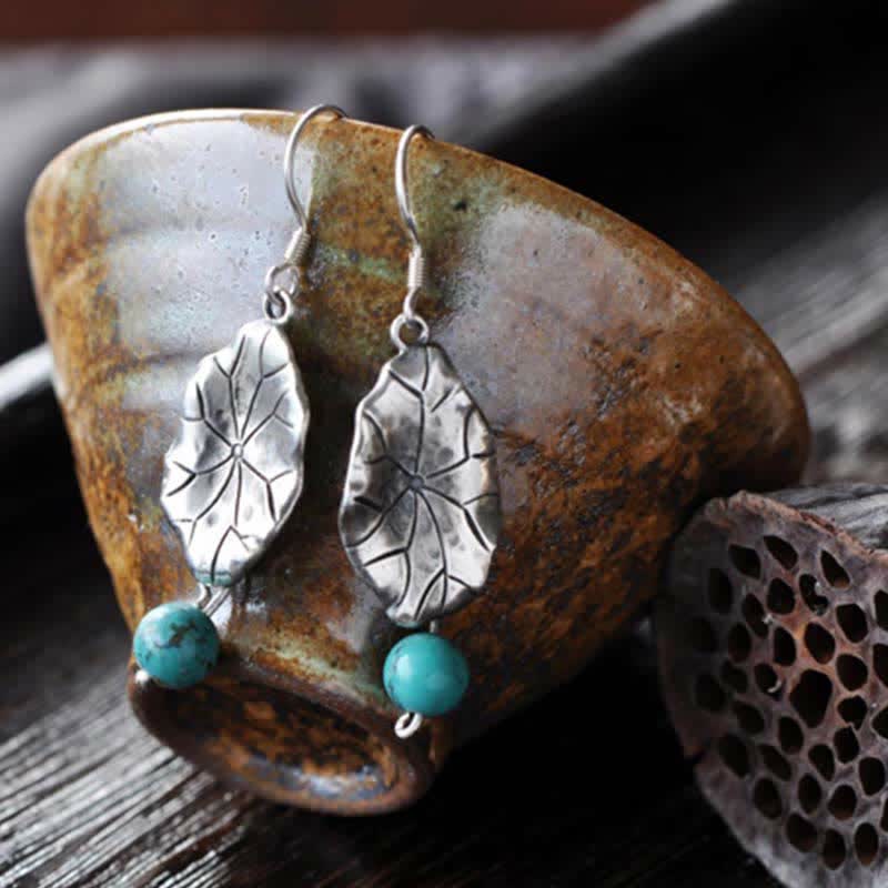 Mythstone 925 Sterling Silver Turquoise Lotus Leaf Protection Drop Dangle Earrings