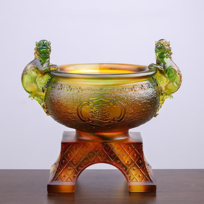 Mythstone Handmade Liuli Crystal PiXiu Treasure Bowl Art Piece Home Decoration