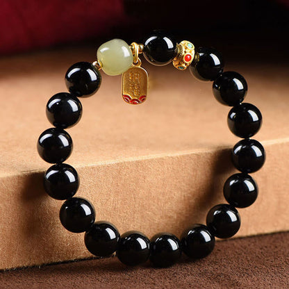 Mythstone Black Onyx Hetian Jade Bead Lucky Fortune Charm Bracelet