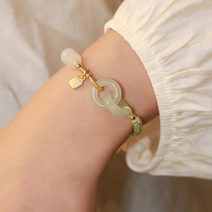 Pulsera trenzada con doble hebilla de paz y carácter Fu con cuentas de jade hetiano natural Mythstone