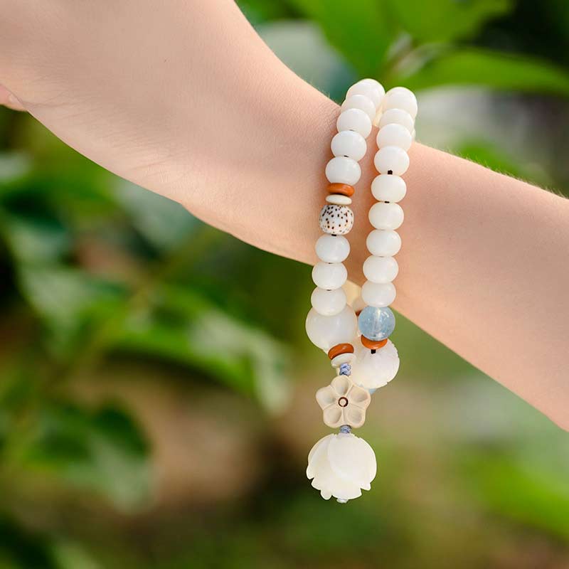 Mythstone Tibetan White Jade Bodhi Lotus Blessing Bracelet