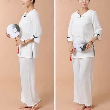 Mythstone 2Pcs Frog-Button Three Quarter Sleeve Shirt Top Pants Meditation Zen Tai Chi Linen Clothing Women's Set