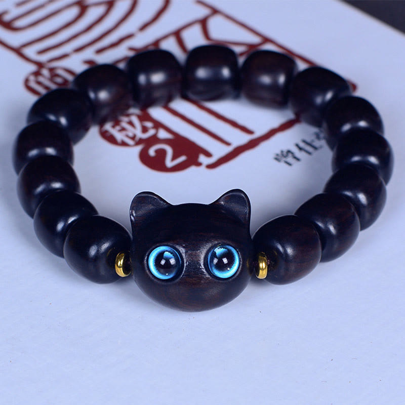 Pulsera de equilibrio de paz con forma de gato encantador de madera de ébano y cristal de Liuli Mythstone 