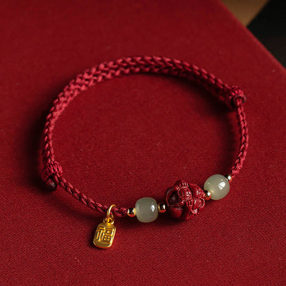 Mythstone Natural Cinnabar Chinese Zodiac Hetian Jade Fu Character Luck Rope Bracelet