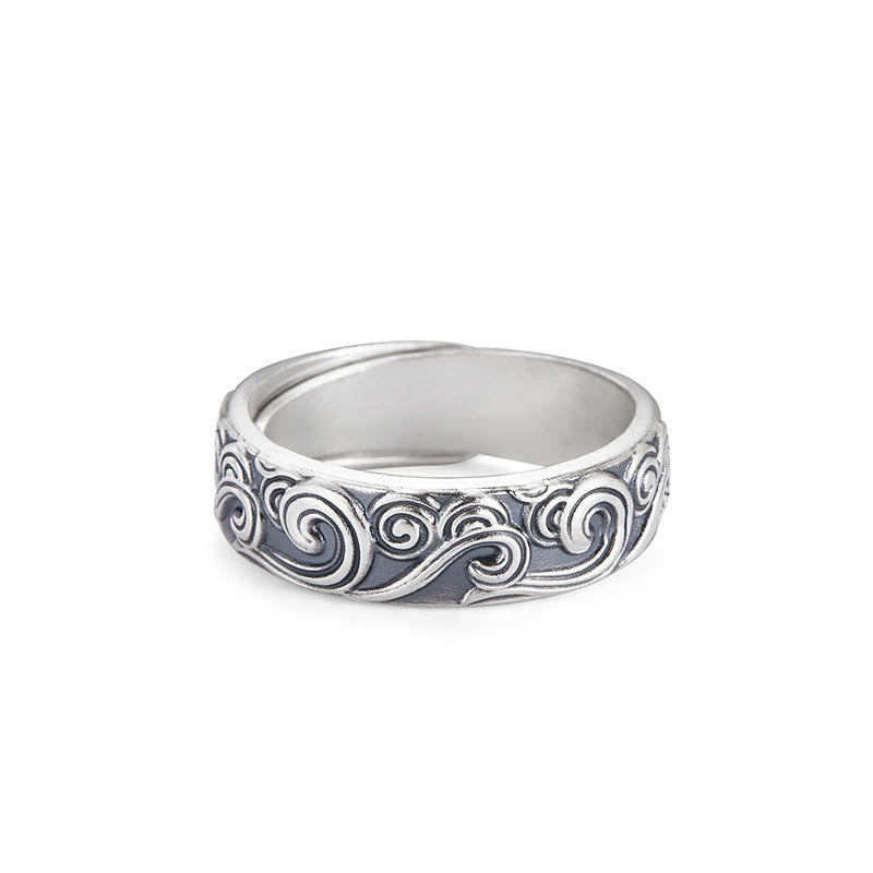 Mythstone 999 Sterling Silver Auspicious Clouds Engraved Blessing Adjustable Ring