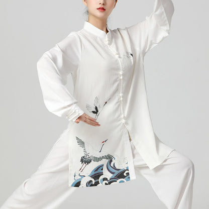 Mythstone White Crane Sea Cotton Linen Meditation Prayer Spiritual Zen Tai Chi Qigong Practice Clothing Set