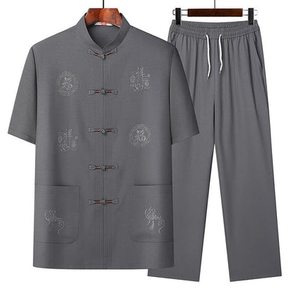 Mythstone Fu Character Good Fortune Embroidery Tang Suit Traditional Uniform Short Sleeve Top Pants Clothing Men's Set