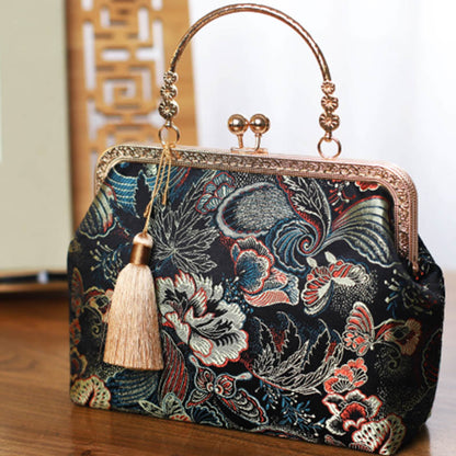 Mythstone Vintage Flower Butterfly Crane Sea Waves Metal Chain Crossbody Bag Shoulder Bag Handbag